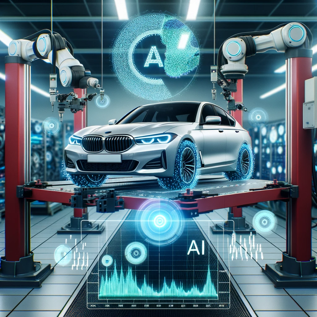 DALL·E 2023-10-15 21.18.40 - Photo of a car on a testing platform with its wheels being aligned by robotic arms. Above the car, holographic visualizations show data points and gra