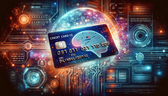 DALL·E 2023-11-25 18.59.20 - A creative illustration featuring a credit card in the center, with a background theme related to artificial intelligence. The credit card is prominen