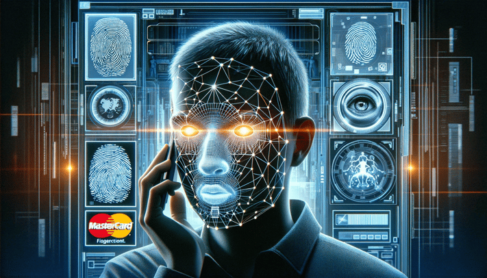 DALL·E 2023-11-25 19.11.42 - A detailed illustration showcasing the use of facial recognition and biometric technologies by Mastercard for identity verification. The image feature