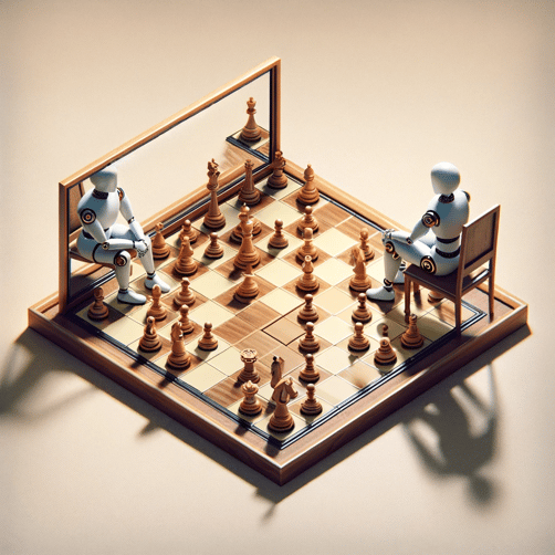 DALL·E 2024-01-18 14.53.52 - An illustration of self-play in artificial intelligence using a chess analogy. The image shows a chessboard with a single player sitting on both sides